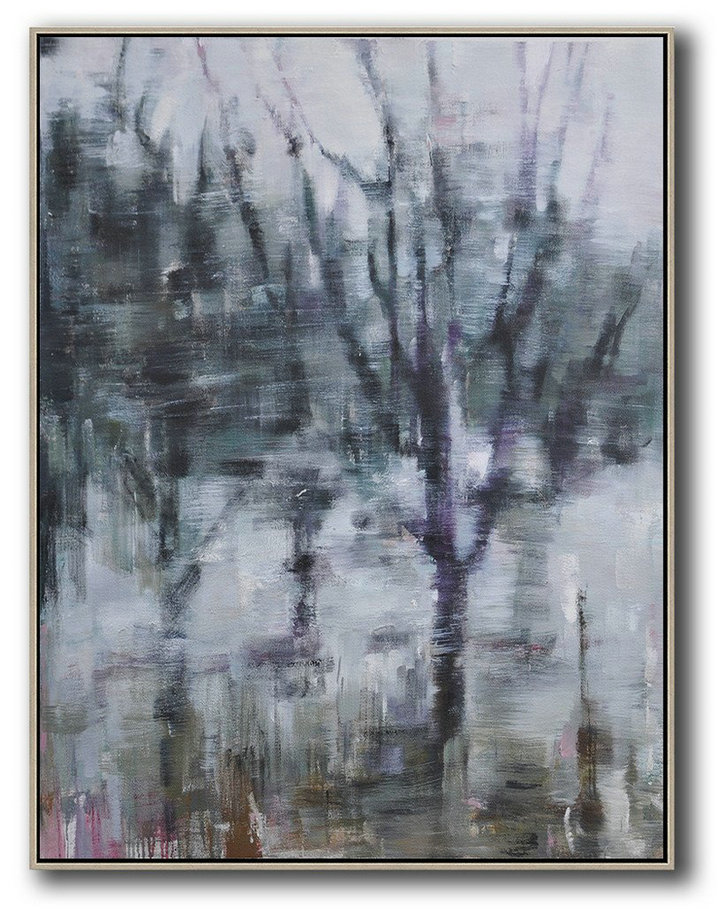 Oversized Abstract Landscape Painting,Original Abstract Painting Canvas Art,Dark Green,White,Purple